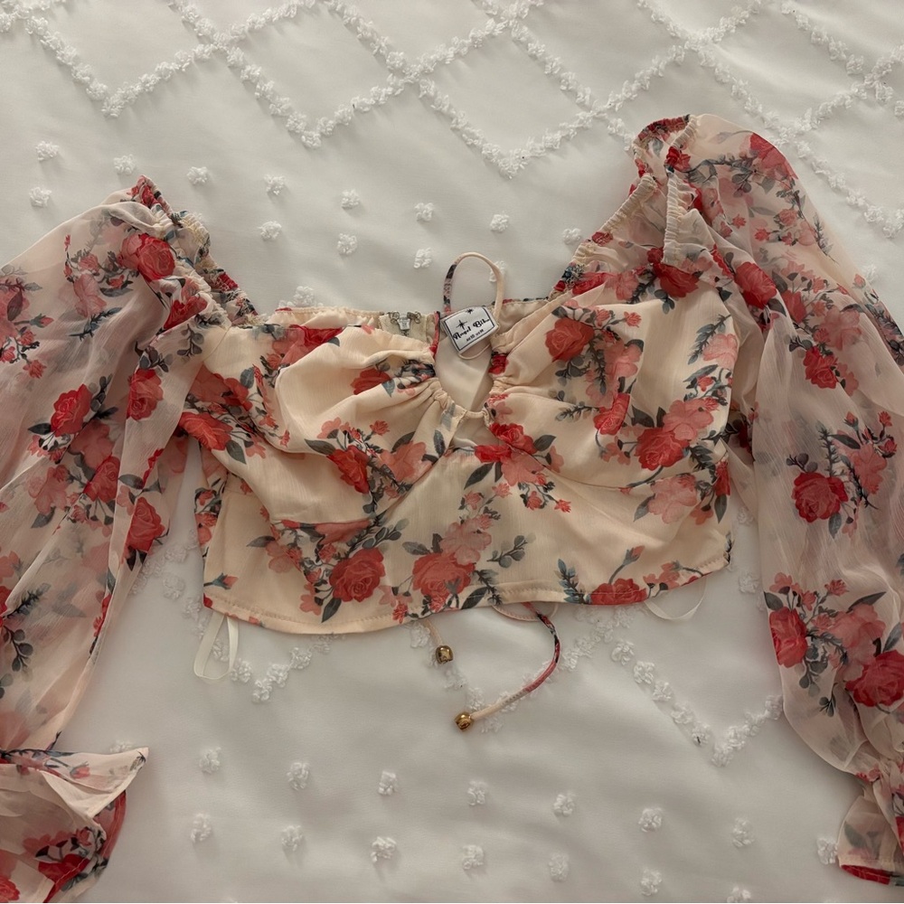 Floral Sheer Blouse with Red and Pink Roses